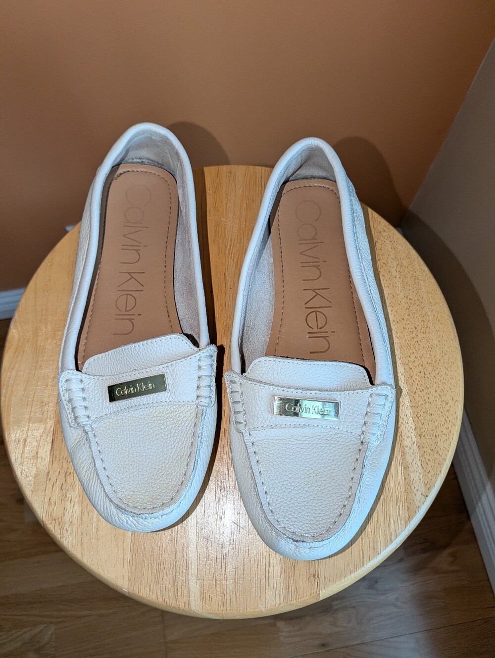 Calvin Klein White Leather Penny Loafers with Gold Logo